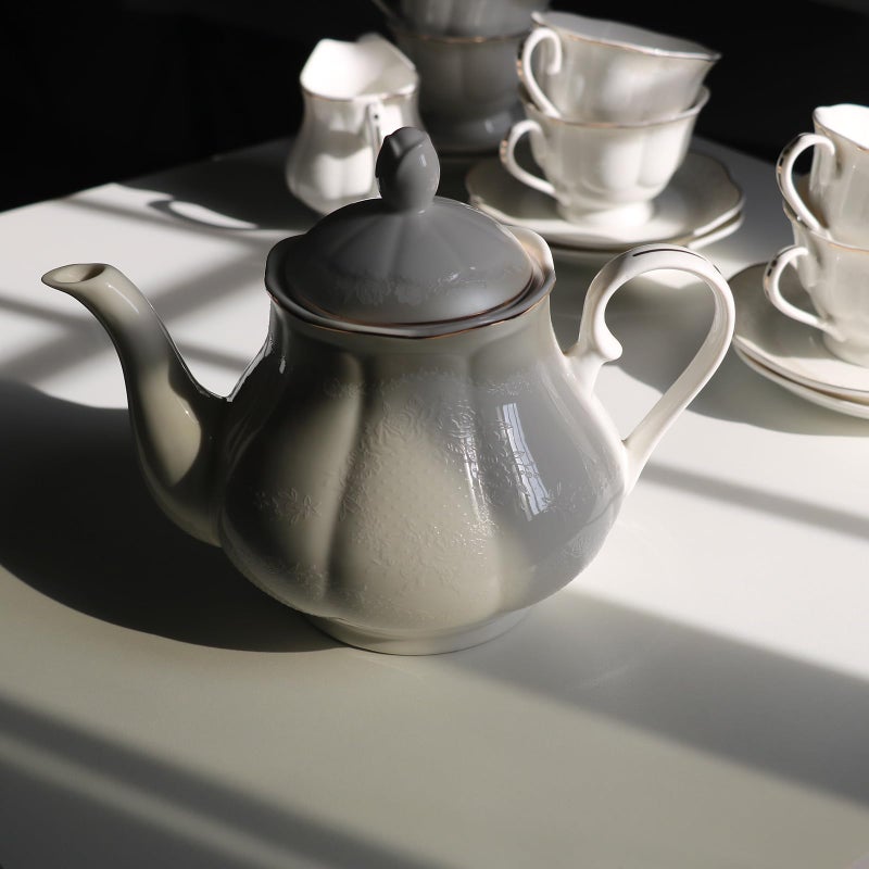 GuangYang 15-pcs Porcelain Tea sets for Adults, Off White Embossed Pattern with Gold Trim (A set Included 1 Teapot, 1 Sugar Bowl, 1 Cream Pitcher, 6 Cups and 6 Saucers) - Image 3